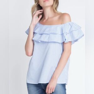 Kontrol Striped Blue & White Short Sleeve Lace Trim Off Shoulder Top L